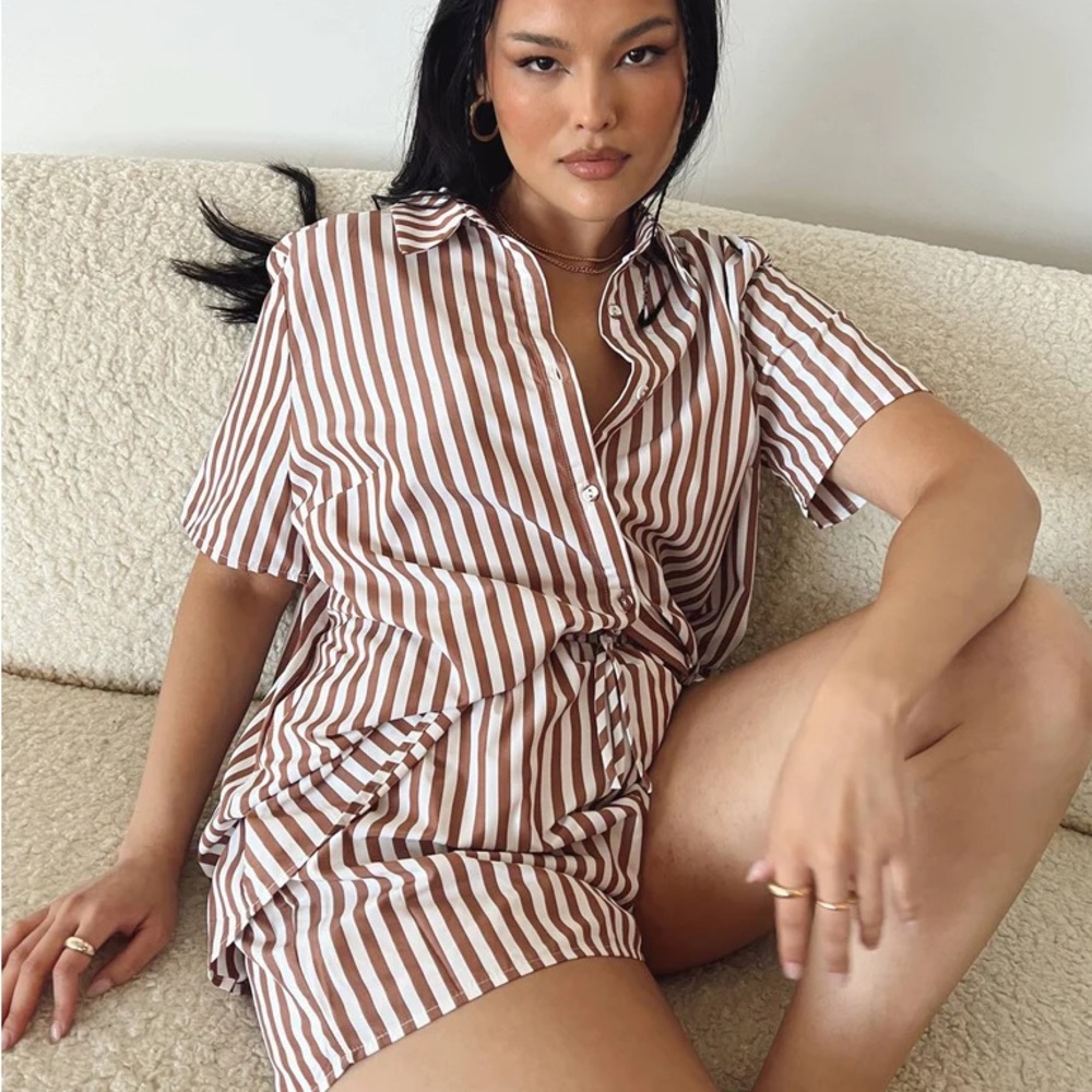 Chloe Short Sleeve Set Brown Stripe